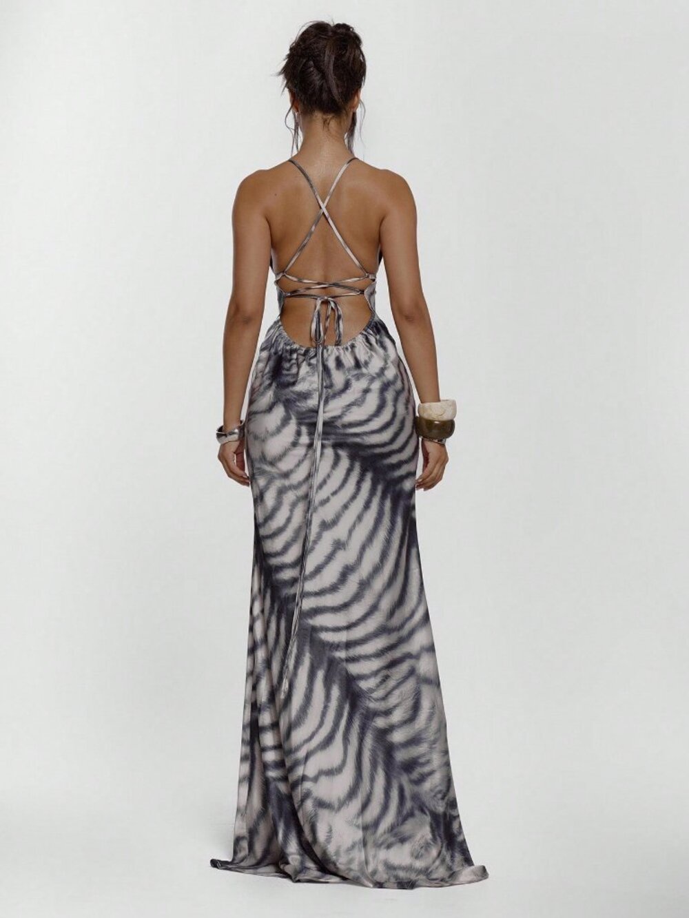 Multicolor Sexy Women's Lace-Up Animal Print Maxi Dress - Picture 2 of 5